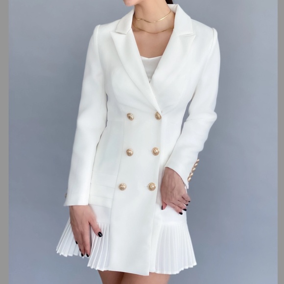 NEW! White Blazer Dress Pleated Skirt Details - Picture 6 of 7